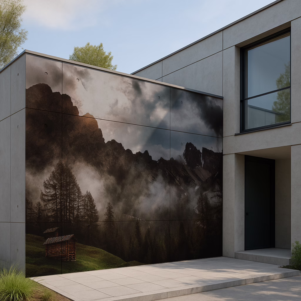 Nowoczesny budynek z g&oacute;rskim muralem